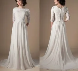 Bescheidene Brautkleider in Elfenbein und Champagner mit 3/4-Ärmeln, perlenbesetzte Spitze, A-Linie, Chiffon, Boho, informelles Brautkleid, religiöses LDS-Hochzeitskleid YD