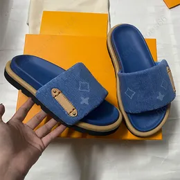 Pool Pillow Flat Comfort Mule 1ACJVH Pantofole sandalo mulo denim blu Marchi di lusso ciabatte donna uomo mulo piscina mulo Moda Beach Mules Sandali denim pantofola 35 46