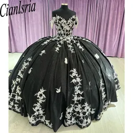 Preto beading borla princesa vestido de baile quinceanera vestidos fora do ombro apliques brancos rendas espartilho vestidos de 15 anos