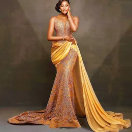 2024 ASO EBI Illusion Gold Mermaid Prom Dress SEBSED LACE SATIN Evening Formal Party Second Reception 50th Birthday Engagement Gowns Dresses Robe de Soiree ZJ124