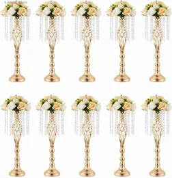 Vasen, 10 Stück, goldene Vase für Hochzeiten, Tafelaufsätze, Tischdekorationen mit Kronleuchter-Kristallen, Blumenvase, Hochzeit, Blumenständer aus Metall, L240309