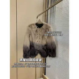 2023 Autumn/Winter New Gradient Haze Color High Level True Fox Fur Grass Swallow Tailcoat läder Kort kappa Tjock kvinnor 172153