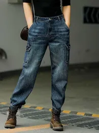 Kvinnors jeans vår/sommar retro Harajuku Harlan Jeans 2022 Nytt casual mode Loose Wild Splice Trousers Street Style J240306