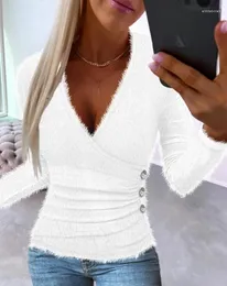 Women's T Shirts Versatile Top Ruched Button Long Sleeves Fuzzy Blouse 2024 Early Spring Latest Casual Fashion Sexy Tight V-Neck T-Shirt