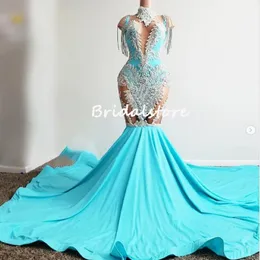 ASO EBI African Mermaid Prom Dresses 2022 Blue Appliques Plus Size Black Girls Evening Dress Tassel Long Formal Party Gown Women V333U