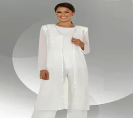 White Chiffon Long Sleeves Mother of the Bride Pant Suits With Long Blouse Sequins Beaded Mother of Groom Dress52429864586090