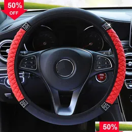 Other Interior Accessories New Four Seasons Car Steering Wheel Er 37-38Cm Leather Embroidered Color Diamond-Studded Elastic Drop Deliv Dhd1H