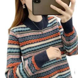 Sweaters Half High Collar Women's Sweater Autumn Winter 2023 New Loose Pullover Sweaters Warm Thicken Stripe Vintage Ethnic Style Knitwea