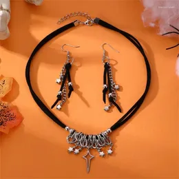 Halskette Ohrringe Set Gothic Schwarz Choker Ohrring Für Frauen Retro Seil Verstellbarer Sternanhänger Halloween 2 Stück Schmuckzubehör