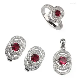 ネックレスイヤリングセットShunxunze Luxury Punk Women Engagement Wedding Set（RRNG/Earring/Pendant）Red Cubic Zirconia Rhodium Plated R3116Set