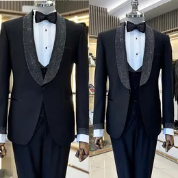 Черные мужские свадебные смокинги с блестками, шаль с лацканами, церемония жениха, вечерние брюки для дня рождения, костюмы из 3 предметов, костюм homme mariage