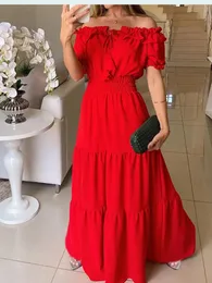 Summer Boho Czerwona sukienka moda z krótkim rękawem długa sukienka