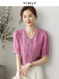 Women's Blouses Vimly Solid Lyocell Shirts For Women 2024 Summer Short Puff Sleeve Loose Basic Office Lady Lace V Neck Fashion Tops