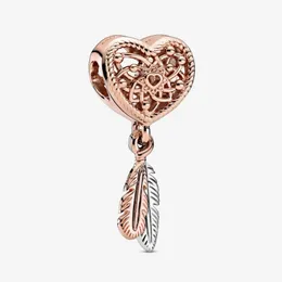 100% argento sterling 925 traforato cuore due piume Dreamcatcher fascino adatto braccialetto europeo originale gioielli di moda Acc2693