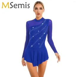 Scene Wear Women Figure Skating Dance Dress Rhinestone Långärmad balett Leotard Lyrisk kostym Ballroom Competition Dancewear