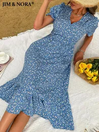 Parti Elbiseleri Jim Nora Elegant Women Kısa Puf Sleep Boho Çiçek Baskılı V Boyun Korse Mavi Badılar Yaz Plajı Midi Elbise