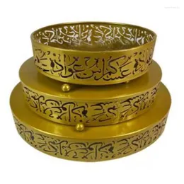 Disposable Dinnerware 1 Set 3Pcs Muslim Eid Party Service Plates Round Iron Trays Holiday Supplies (Golden)