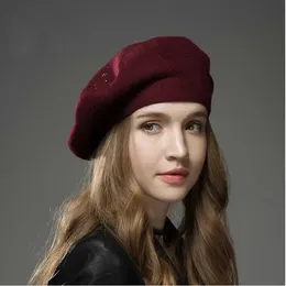 Ylwhjj damski berets kapelusz moda solidna wełna wełniana z rhinestones damskie francuskie artystę Beanie beret 240229