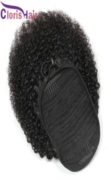 Kinky Curly Clip Ins Drawstring Ponytail 8quot22quot Перуанские девственные человеческие волосы Наращивание хвоста Афро-кудри Конский хвост для 3050244