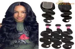 Fasci di capelli brasiliani dell'onda del corpo Gagaqueen con chiusura in pizzo chiusura in pizzo 4x4 con fasci di capelli umani Body Wave1914378