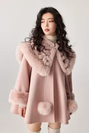 Misturas clássico estilo poncho adorável real casacos de pele de raposa rosa natural casacos de pele manteau femme hiver