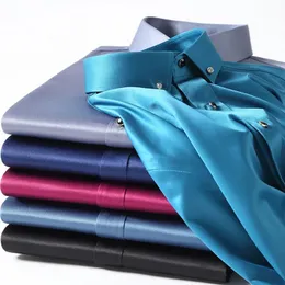 Herren-Seidenhemden, langärmelig, mit Drill-Knopf, einfarbig, 3XL, seidig, geschäftlich, formell, sozial, bügelfrei und knitterfrei, weiche Modekleidung 240304
