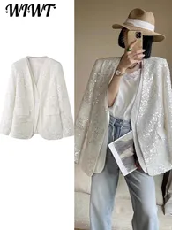 Fashion Sequined Women Coat Pockets Single Button Long Sleeve Female Party Coats Spring Elegant Office Lady Street Overcoat 240223