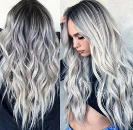 Säljer blekning och färgning Medium split Långt lockigt hår cos grå gradient animation peruk ny feminiserat fiberhuvudskydd5199679