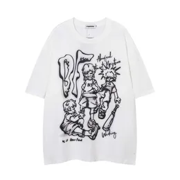 Estilo americano retrô desenhado à mão personagem de desenho animado graffiti camiseta de manga curta para design de etiqueta de moda de verão masculino, casal solto meia manga