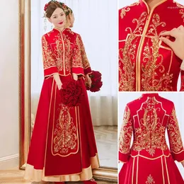 Roupas étnicas Feminino Xiuhe Vintage Borgonha Novidade Brinde Roupas Tradicional Chinês Vestido de Noiva Elegante Temperamento Cheongsam Hanfu