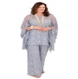 2022 Prata Lace Mãe da Noiva Calça Ternos Mangas Compridas Três Peças Formal Plus Size Cinza Noivo Mãe Mulheres Vestidos de Convidados f9322962