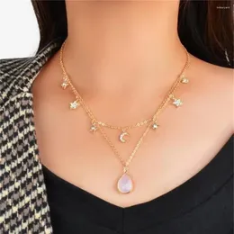 Pendant Necklaces Vintage Gold-plate Crystal Star Moon Sun Water Drop Stone Necklace For Women Female Fashion Multilevel Chain Jewelry