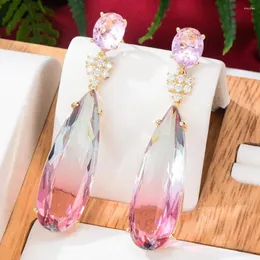 Studörhängen Siscathy Luxury Zircon Long Water Drop For Women Korean Fashion Pink Crystal Pendant Earring Party Jewelry Kvinnliga gåvor