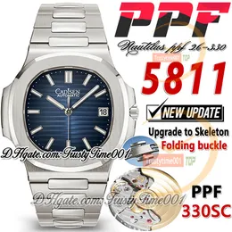 PPF Jumbo 5811 PP330 자동 남성 시계 41mm 블루 텍스처 다이얼 발광 스틱 마커 솔리드 316L 스테인레스 스틸 SS 브레이슬릿 슈퍼 에디션 TrustyTime001 시계