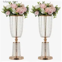 Vasos 23,75 polegadas Vasos de ouro para peças centrais de cristal alto vaso de metal flor suportes casamento peça central lustre para recepti l240309