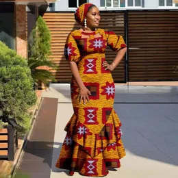 Roupas étnicas Dashiki Vestidos Africanos para Mulheres Ankara Imprimir Slim Ruffles Long Maxi com Headwrap Bazin Riche Elegante Vestido de Festa Y2225020