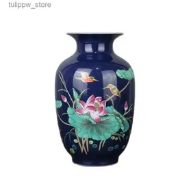 Vases Ceramic Flower Vase with Pastel Lotus Pattern Wax Gourd Bottle Antique Porcelain Home Decor Ornaments Genuine Collection L240309