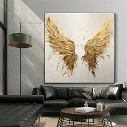 100% Handmade Abstract Kinfe Painting Gold Feather Wings Thick Oil Canvas Paintings Nordic Wall Art Picture for Living Room