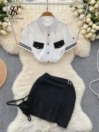 Suits Singreiny 2023 Sheer Sexy Nightsuits Kadınlar Kısa kolsuz üst+ bölünmüş etek+ tanga Kore şefi cosplay porno Üç parça set