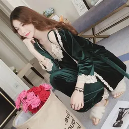 Pajamas Womens Autumn Winter Sexy Sling Gold Velvet Long-Sleeved Ladies Nightgown Suit Large Size Home Wear Three-piece Set 240226