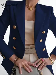 Yitimuceng elegante blazer feminino outono moda escritório entalhado manga longa duplo breasted ternos fino casual jaquetas longas 240223