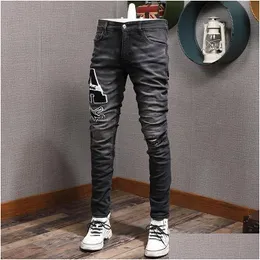 Men'S Jeans Men Retro Jeans Street Style Fashion Black Gray Elastic Slim Fit Ripped Es Designer Hip Hop Denim Hole Drop Delivery Appa Dh5Nc