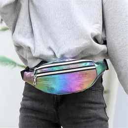 Midjeväskor holografiska fanny packar kvinnor sliver laser geometrisk brösttelefonpåse pu läder reser bum axel axel