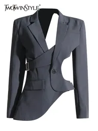 TWOTWINSTYLE Aushöhlen Backless Abnehmen Blazer Für Frauen Kerb Kragen Langarm Verstärktes Taste Unregelmäßigen Blazer Weibliche 240223