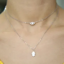 Garantia 925 jóias de prata esterlina sorte charme hamsa mão mau olho dupla camada elegância feminina lindo colar jóias316w