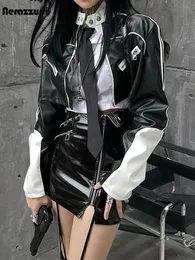 Nerazzurri Spring Summer Short White and Black Patchwork Shiny Patent Leather Jacket Women Adult's Womens Pu Leather Croped Top 240228