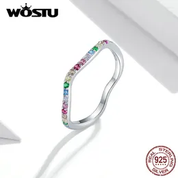 حلقات الكتلة Wostu 925 Sterling Silver Rainbow CZ خاتم إصبع بسيط للنساء الذكرى السنوية الهدية المجوهرات الراقية DXR705