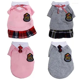 Hundkläder söta kattklänningar med fluga Dekor Pet School Uniform Costume Puppy Spring Autumn Outfit mjuk varma kjoltröjor