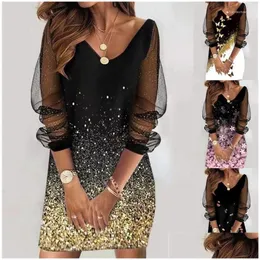 Abiti casual di base Abito primaverile color oro Maglia trasparente con paillettes da donna Abbigliamento taglie forti per consegna drop Abbigliamento Abbigliamento donna Dhspk