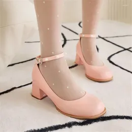 Sapatos de vestido Pxelena estilo coreano meninas estudante redondo toe tornozelo cinta bloco med saltos bombas mulheres rosa branco 2024 primavera outono 34-43